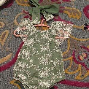 Green Lace Baby Romper with Headband